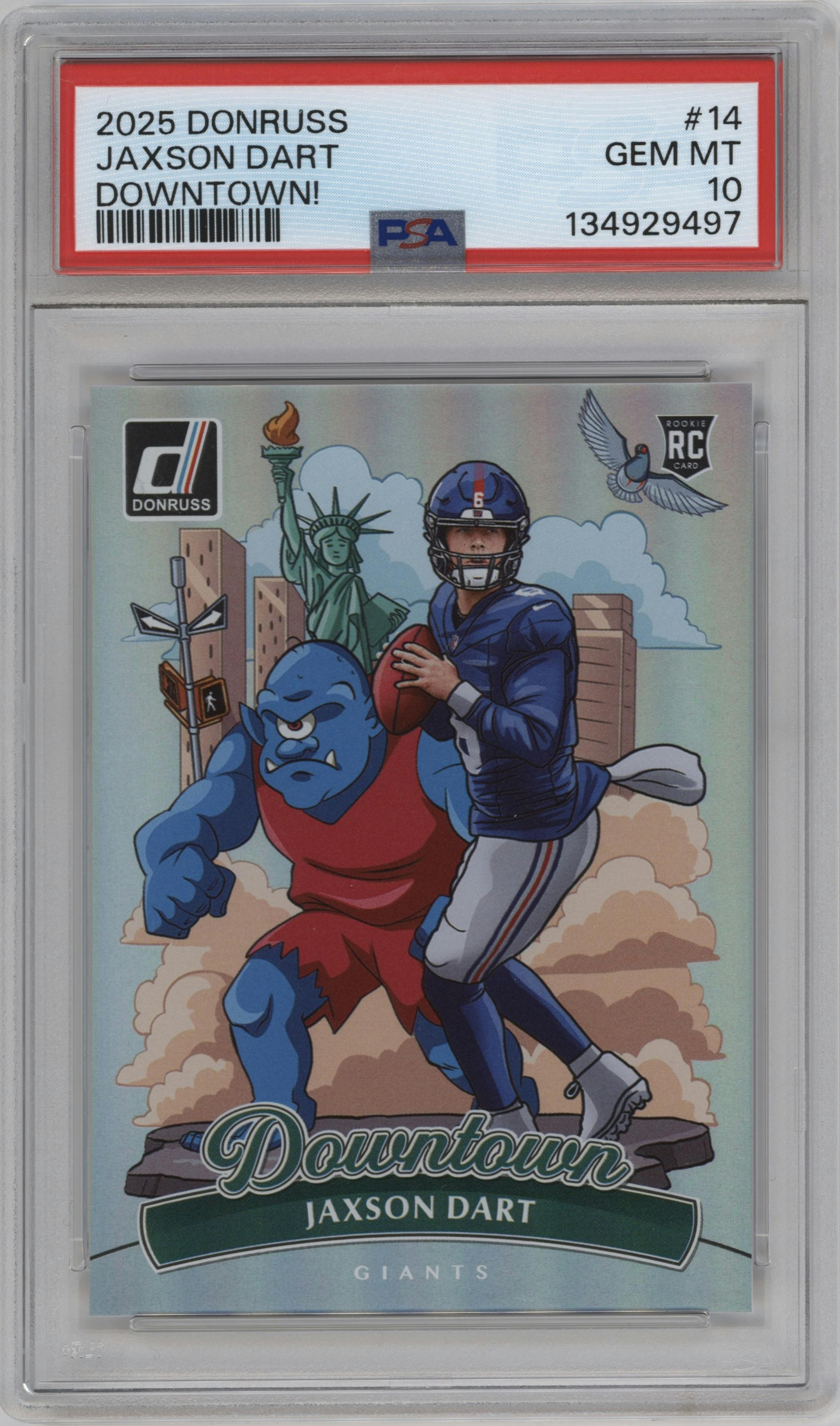 Jaxson Dart from the 2025 Panini Donruss set graded by PSA and given an overall grade of 10.