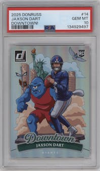 Jaxson Dart from the 2025 Panini Donruss set graded by PSA and given an overall grade of 10.