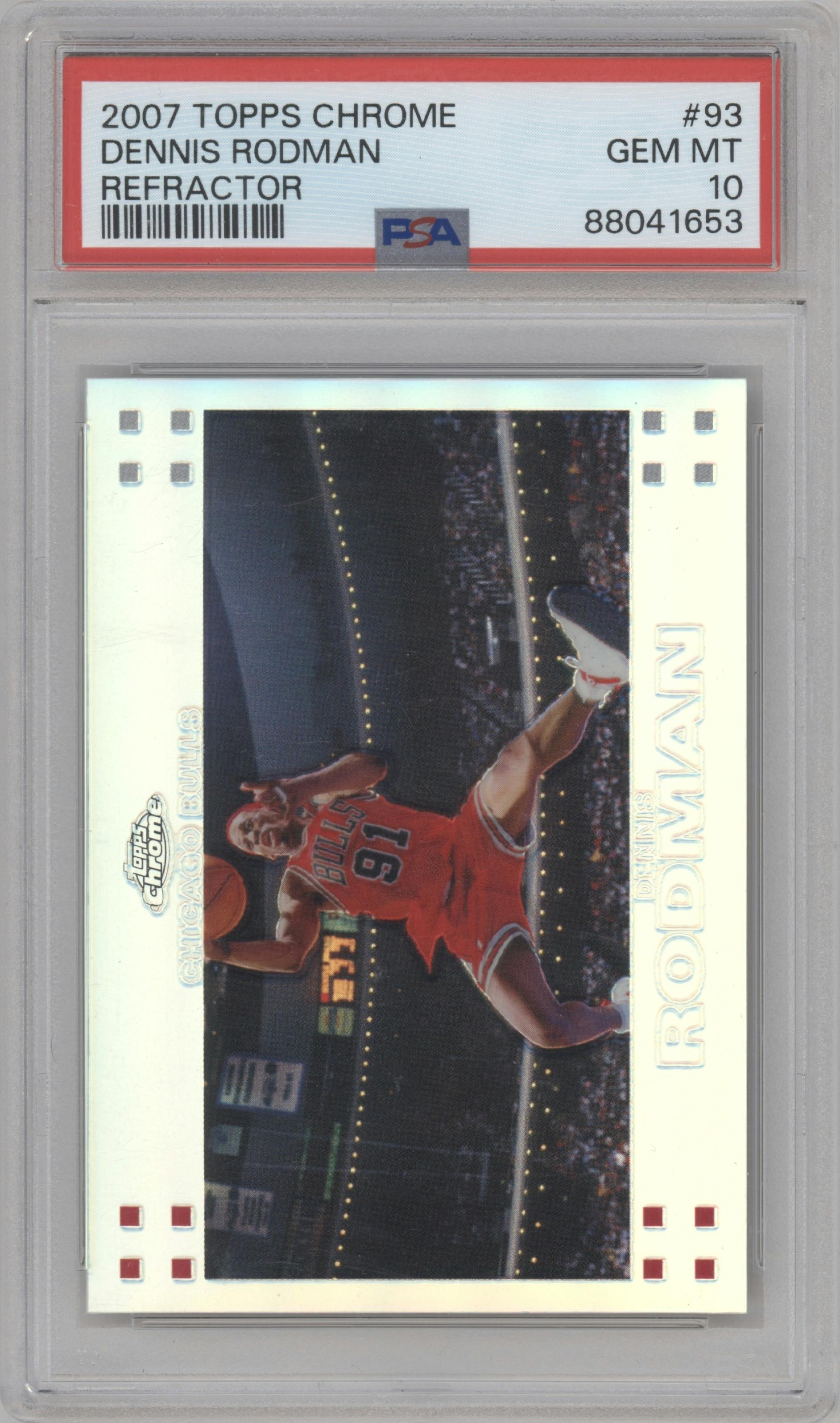 Dennis Rodman from the 2007-08 Topps Chrome set featuring a Refractor parallel graded by PSA and given an overall grade of 10.