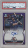 C.J. Kayfus from the 2023 Bowman Draft set featuring a Purple Refractor parallel graded by PSA and given an overall grade of 9.