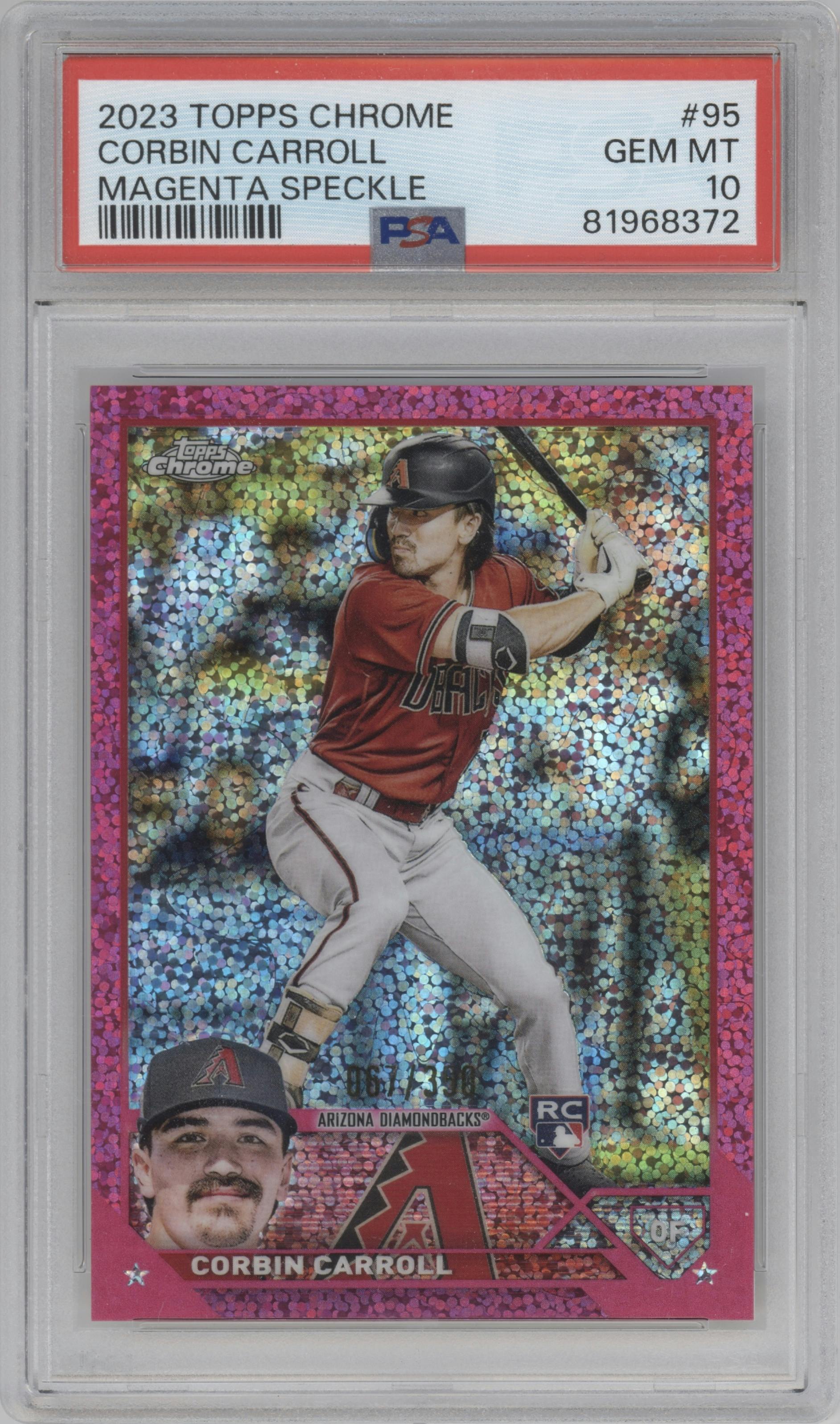 Corbin Carroll from the 2023 Topps Chrome set featuring a Magenta Speckle Ref. parallel graded by PSA and given an overall grade of 10.
