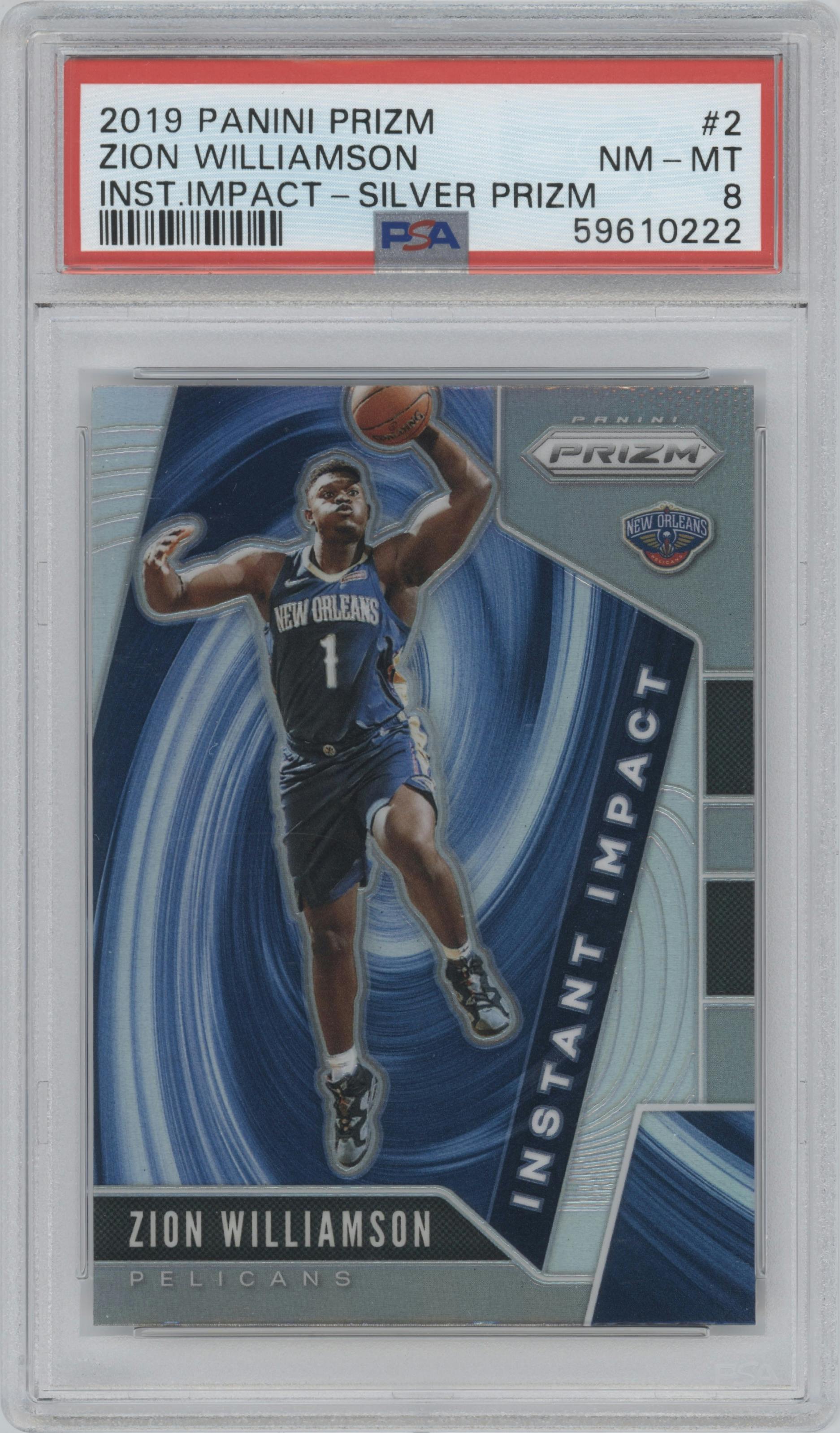Zion Williamson from the 2019-20 Panini Prizm set featuring a Silver Prizm parallel graded by PSA and given an overall grade of 8.