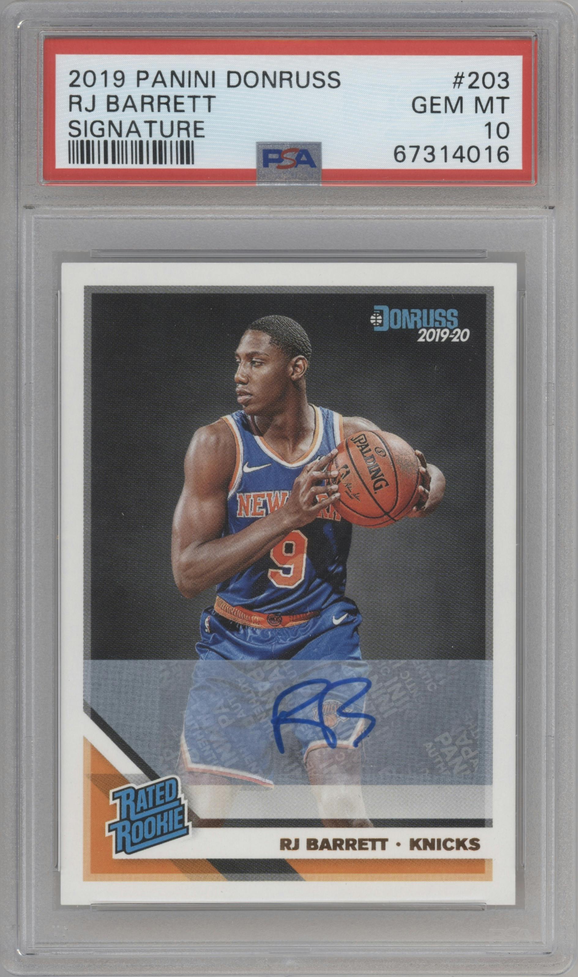 RJ Barrett from the 2019-20 Panini Donruss set graded by PSA and given an overall grade of 10.