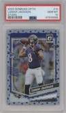 Lamar Jackson from the 2023 Donruss Optic set featuring a Stars parallel graded by PSA and given an overall grade of 10.