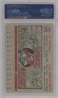 Roy Campanella from the 1956 Topps set featuring a Gray Back parallel graded by PSA and given an overall grade of 4.
