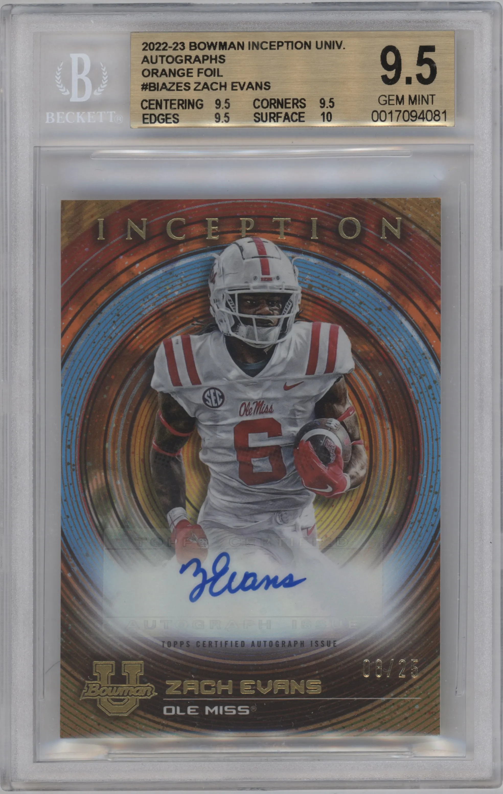 2022 Bowman University Inception Auto Zach Evans Orange BGS 9.5