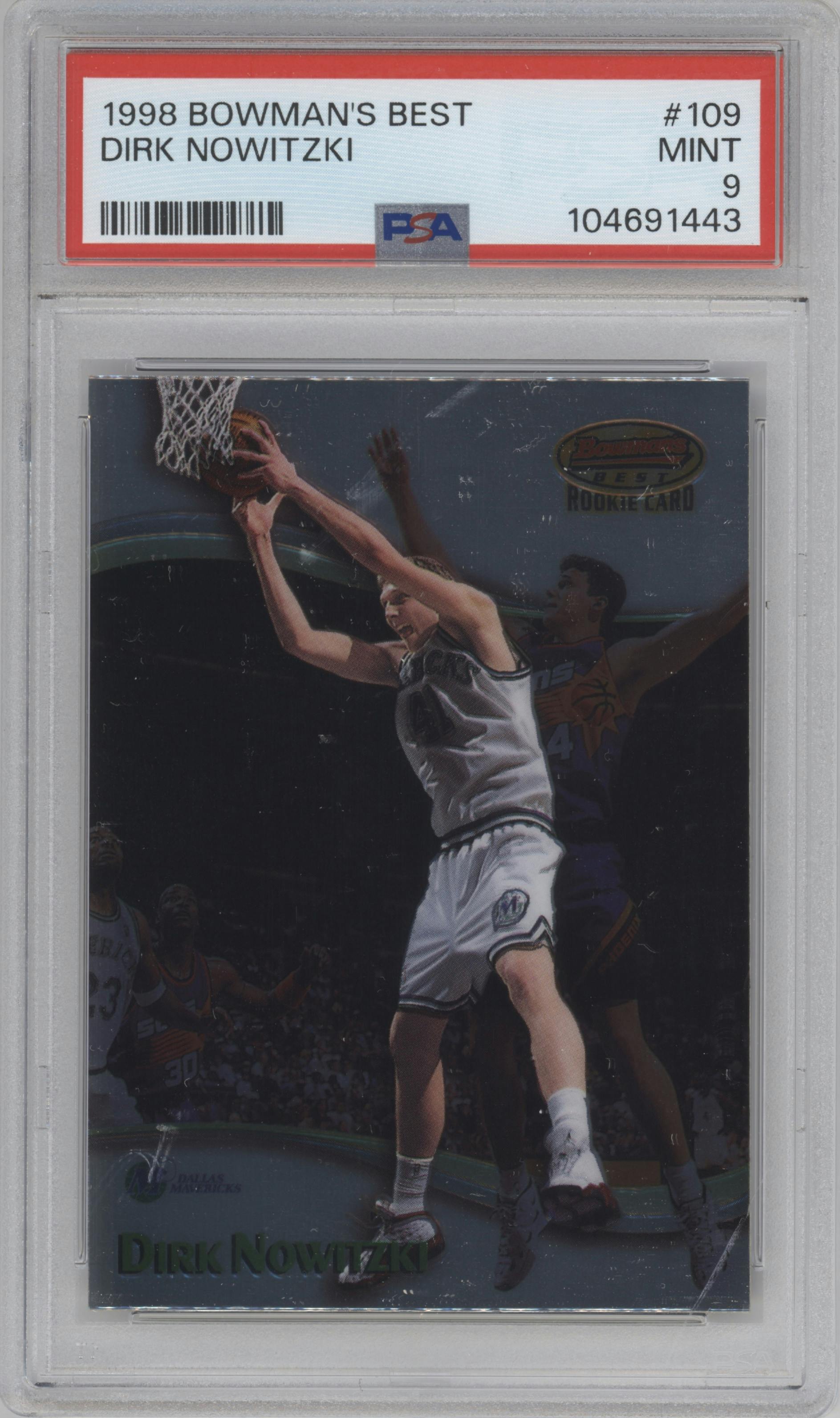 Dirk Nowitzki from the 1998-99 Bowman’s Best set graded by PSA and given an overall grade of 9.