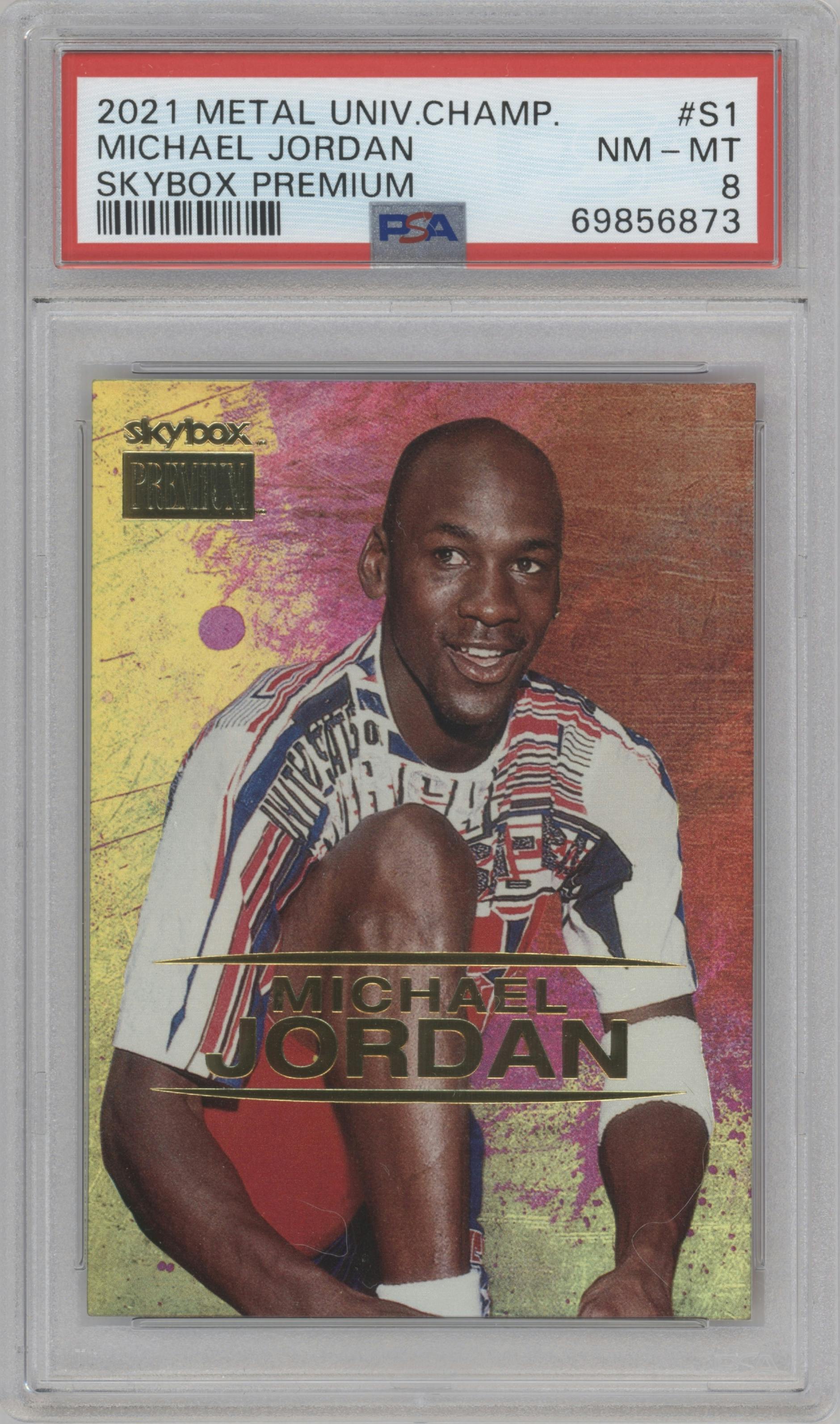 Michael Jordan from the 2021 Skybox Metal Universe Champions set graded by PSA and given an overall grade of 8.