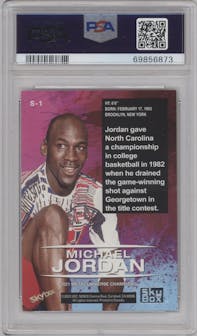 Michael Jordan from the 2021 Skybox Metal Universe Champions set graded by PSA and given an overall grade of 8.