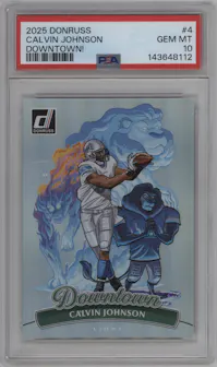 Calvin Johnson from the 2025 Panini Donruss set graded by PSA and given an overall grade of 10.
