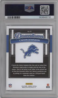Calvin Johnson from the 2025 Panini Donruss set graded by PSA and given an overall grade of 10.
