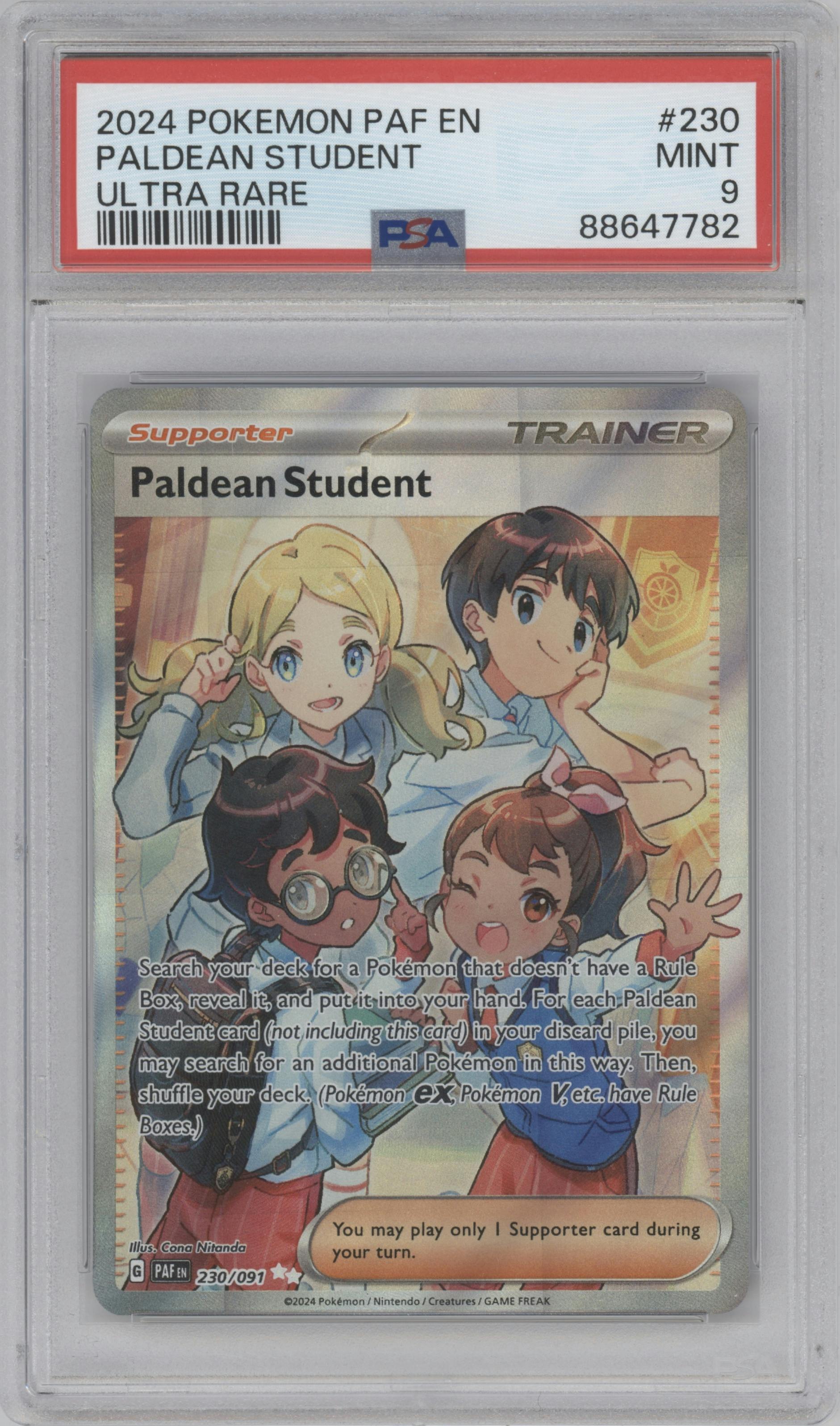 Paldean Student from the 2024 Pokemon SV set graded by PSA and given an overall grade of 9.