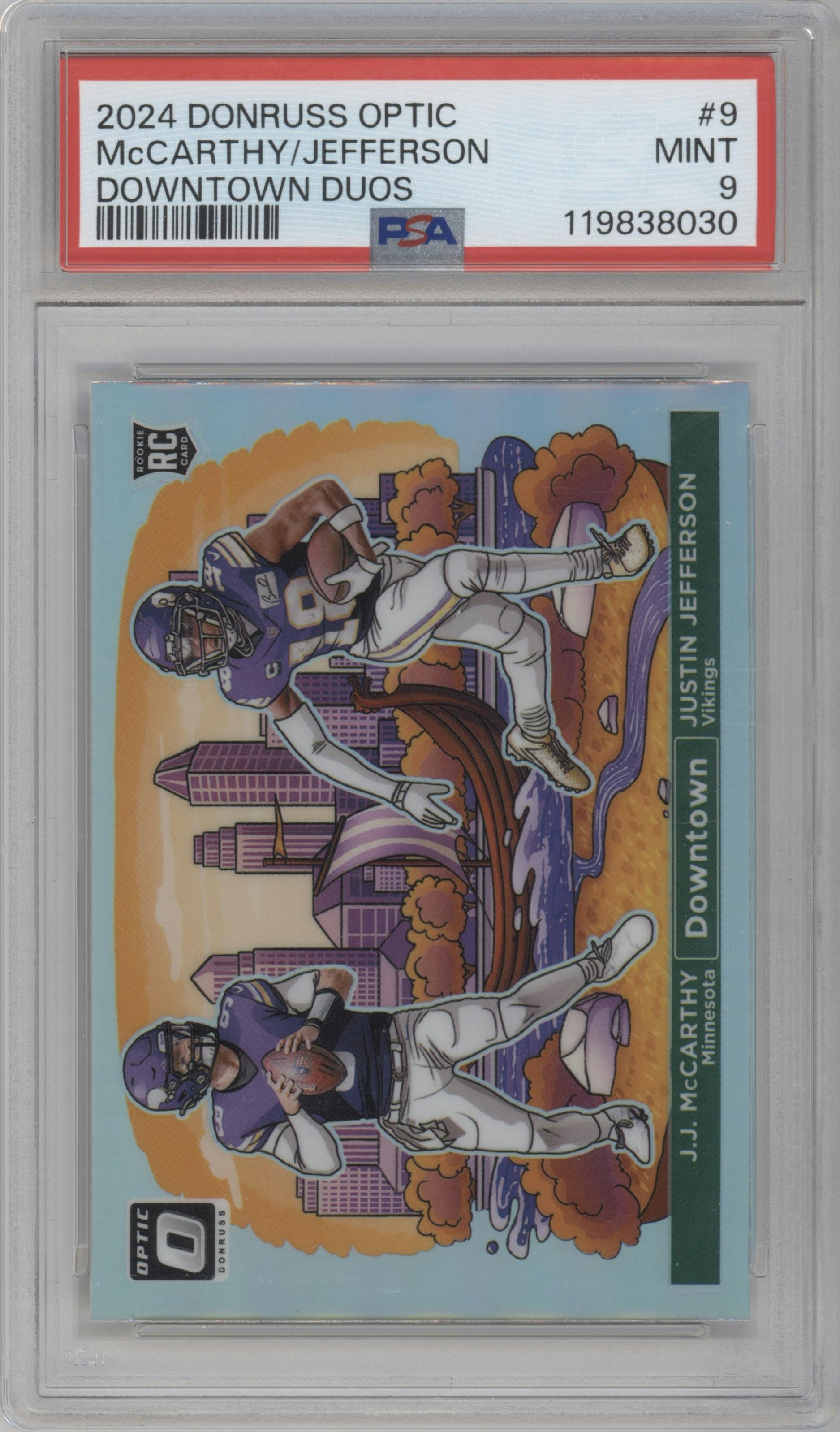 J.J. McCarthy/Justin Jefferson from the 2024 Donruss Optic set graded by PSA and given an overall grade of 9.