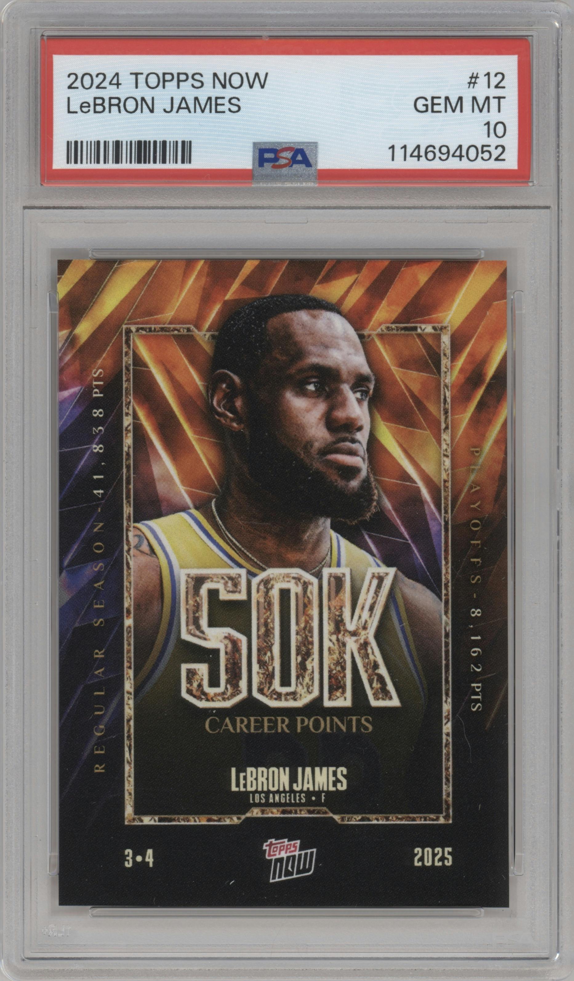 LeBron James from the 2024-25 Topps Now set graded by PSA and given an overall grade of 10.