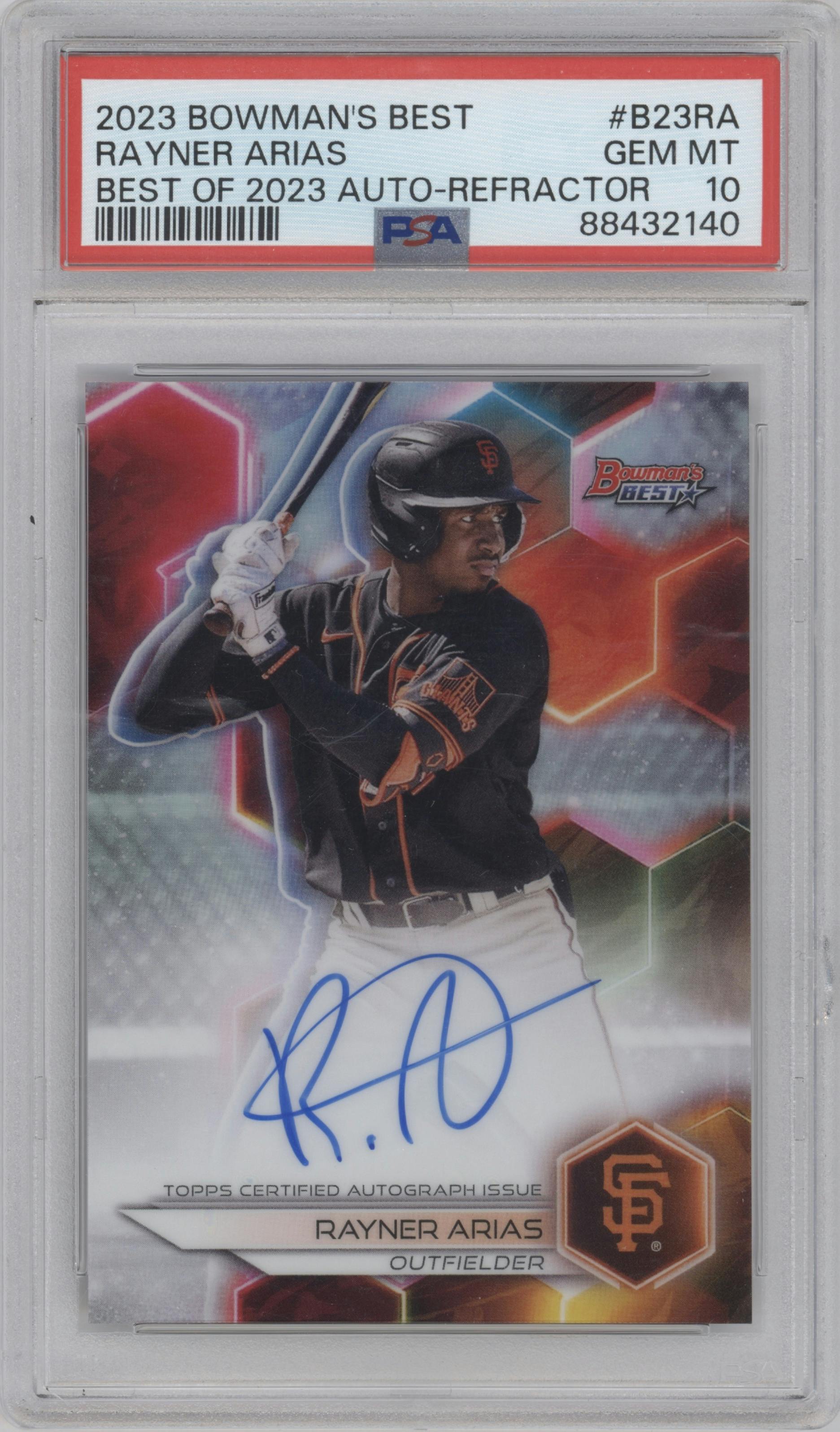 Rayner Arias from the 2023 Bowman's Best set featuring a Refractor parallel graded by PSA and given an overall grade of 10.