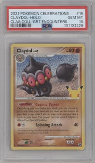 Claydol from the 2021 Pokemon SWSH set featuring a Great Encounters parallel graded by PSA and given an overall grade of 10.