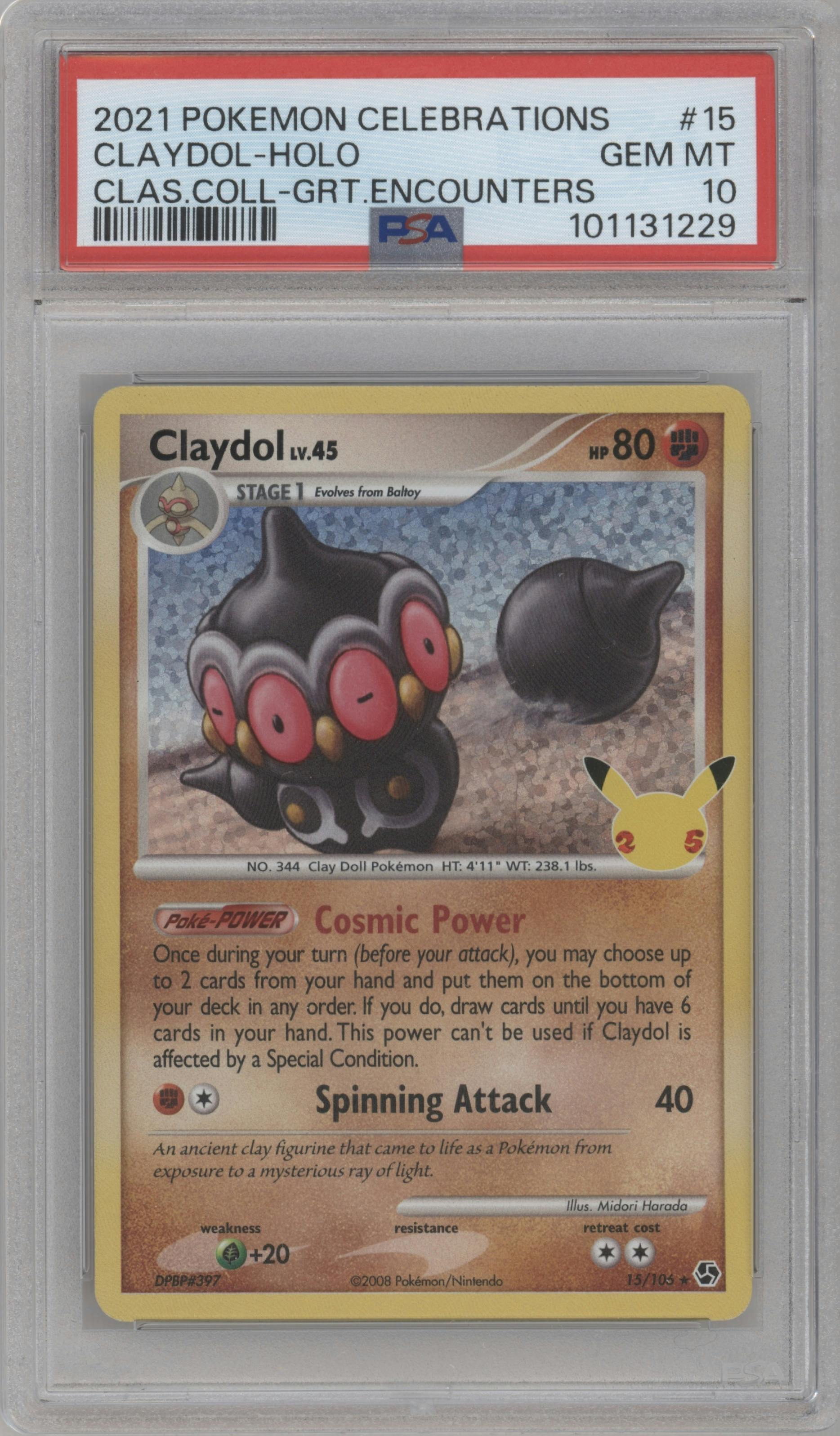 Claydol from the 2021 Pokemon SWSH set featuring a Great Encounters parallel graded by PSA and given an overall grade of 10.