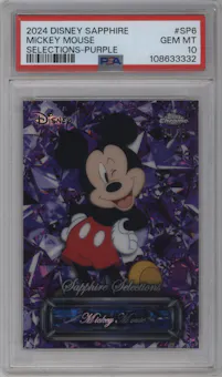 Mickey Mouse from the 2024 Topps Chrome Disney Sapphire Edition set featuring a Purple parallel graded by PSA and given an overall grade of 10.