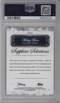 Mickey Mouse from the 2024 Topps Chrome Disney Sapphire Edition set featuring a Purple parallel graded by PSA and given an overall grade of 10.