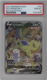 Tyranitar V from the 2021 Pokemon SWSH set graded by PSA and given an overall grade of 10.