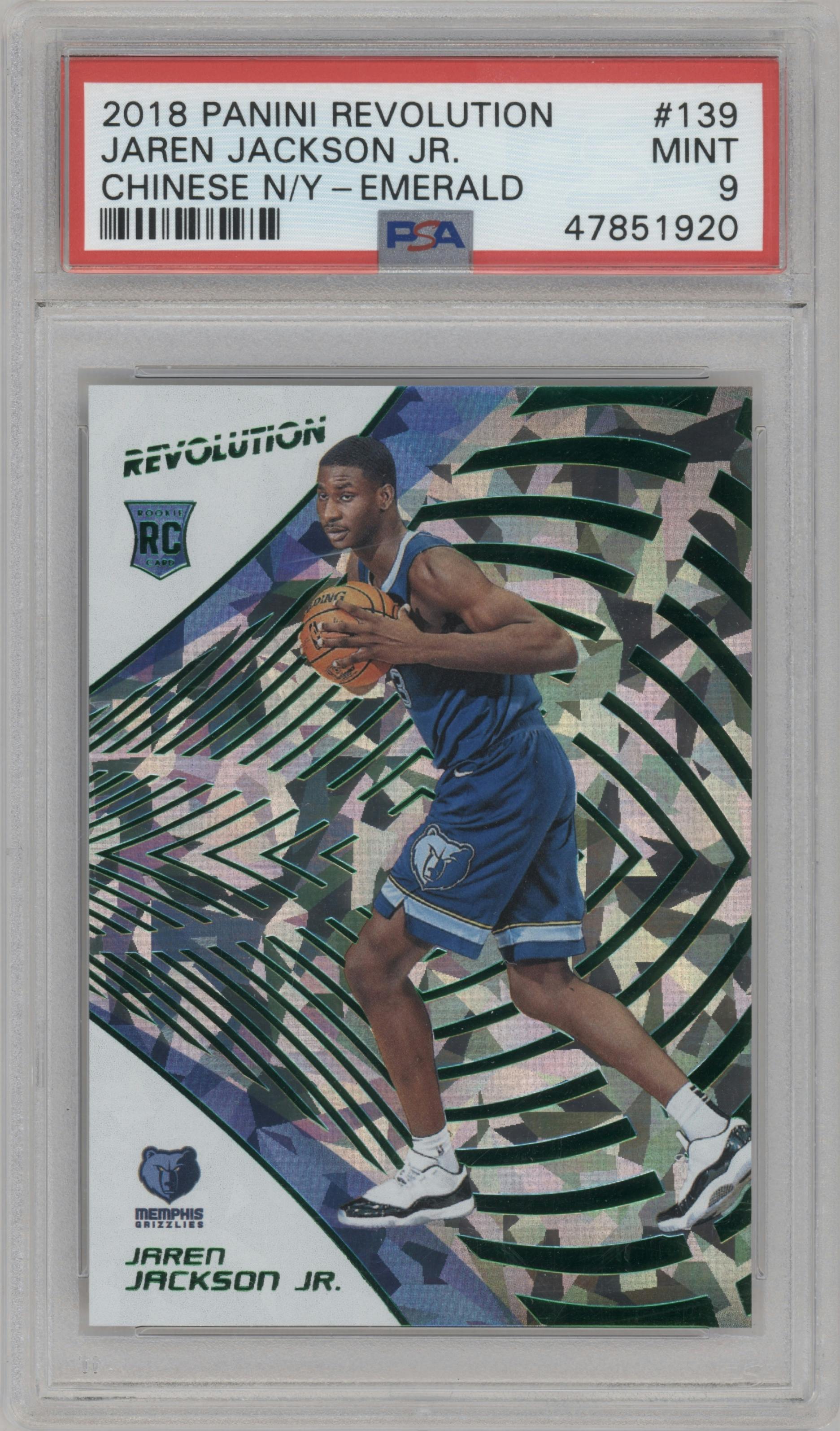 Jaren Jackson Jr. from the 2018-19 Panini Revolution  set featuring a Chinese New Year Emerald parallel graded by PSA and given an overall grade of 9.