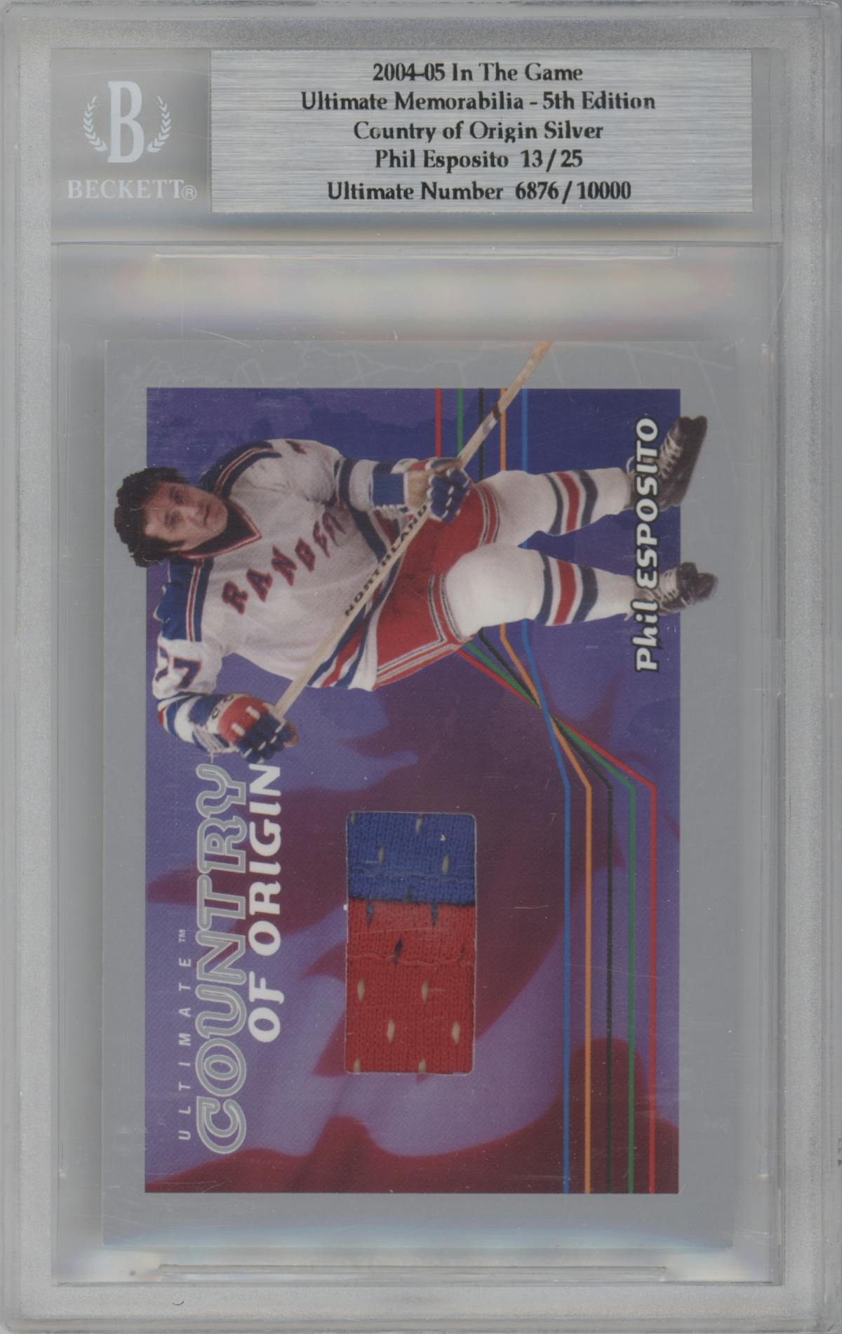Phil Esposito from the 2004-05 In The Game Ultimate Memorabilia set graded by Beckett.