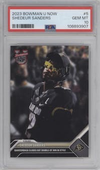 Shedeur Sanders from the 2023 Bowman U Now set graded by PSA and given an overall grade of 10.