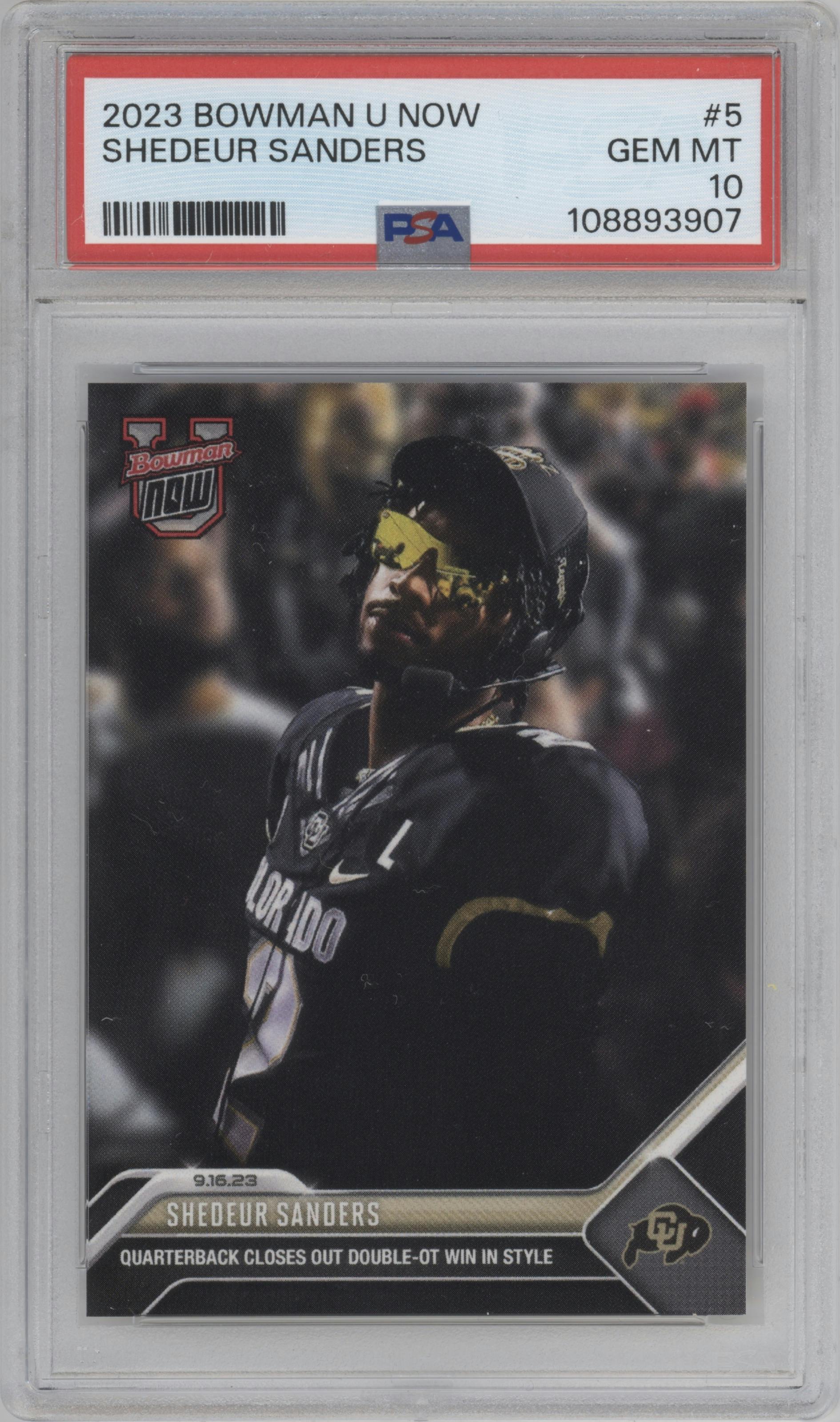 Shedeur Sanders from the 2023 Bowman U Now set graded by PSA and given an overall grade of 10.
