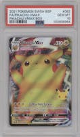Pikachu VMAX from the 2021 Pokemon SWSH set featuring a Pikachu VMAX Box parallel graded by PSA and given an overall grade of 10.