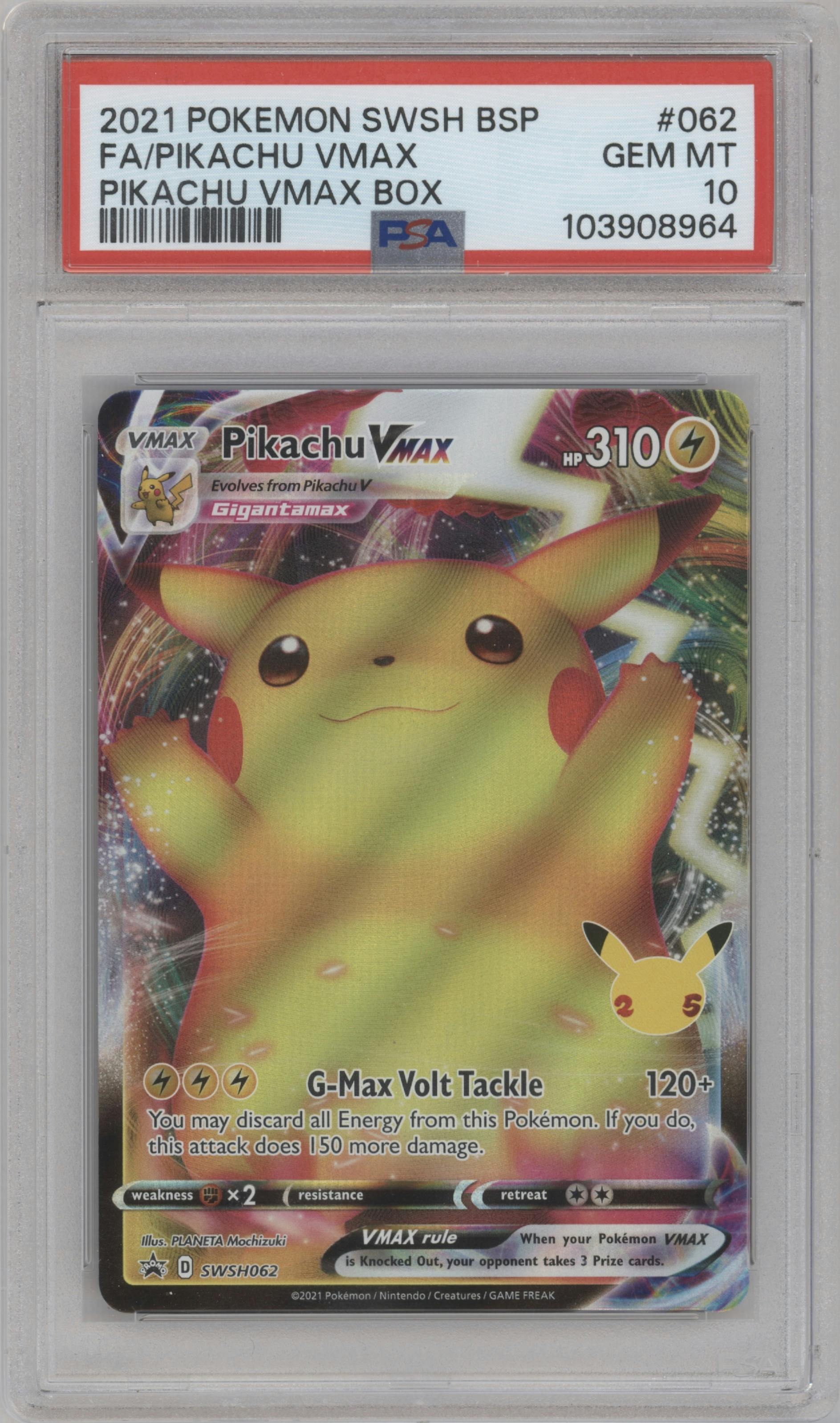Pikachu VMAX from the 2021 Pokemon SWSH set featuring a Pikachu VMAX Box parallel graded by PSA and given an overall grade of 10.