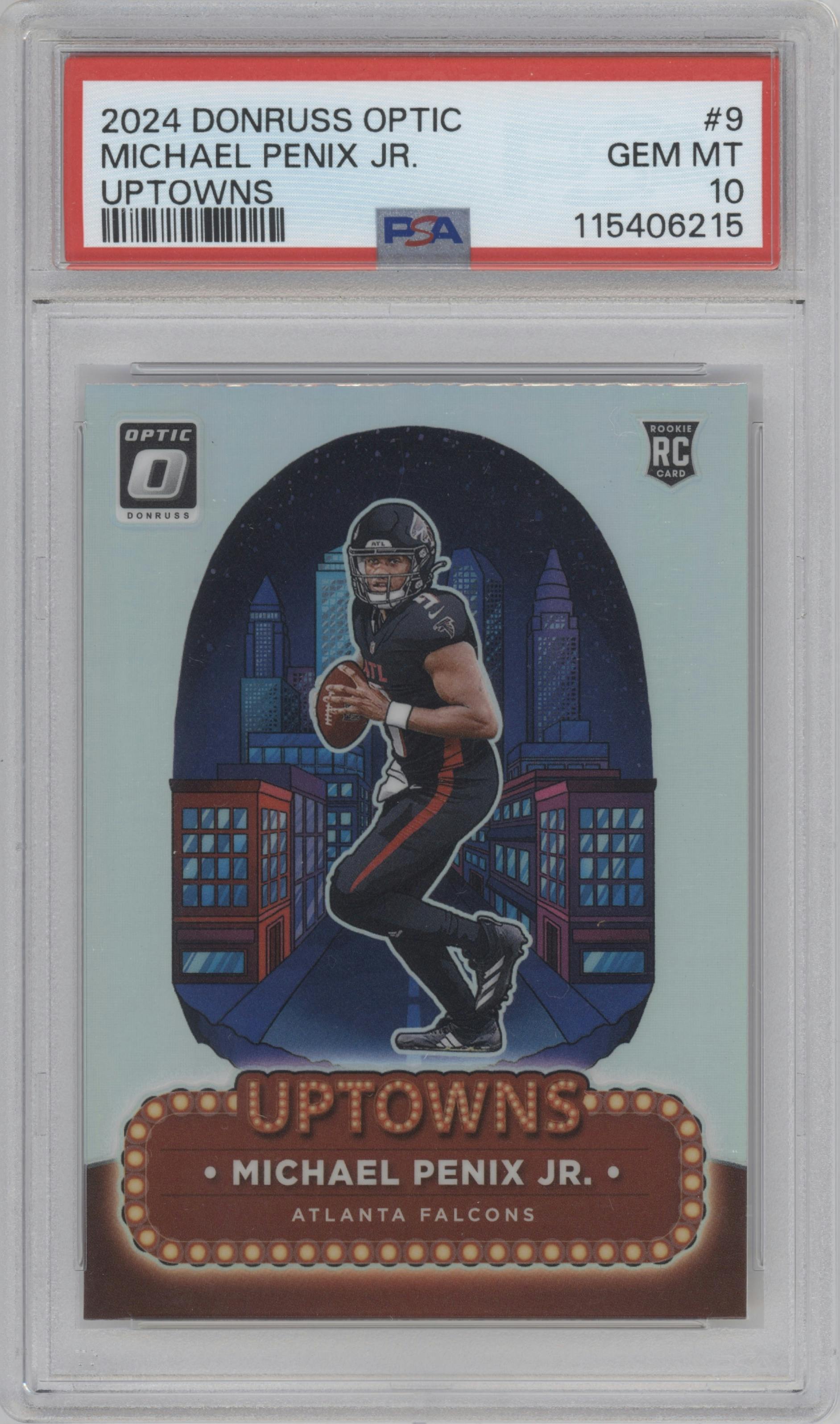 Michael Penix Jr. from the 2024 Donruss Optic set graded by PSA and given an overall grade of 10.