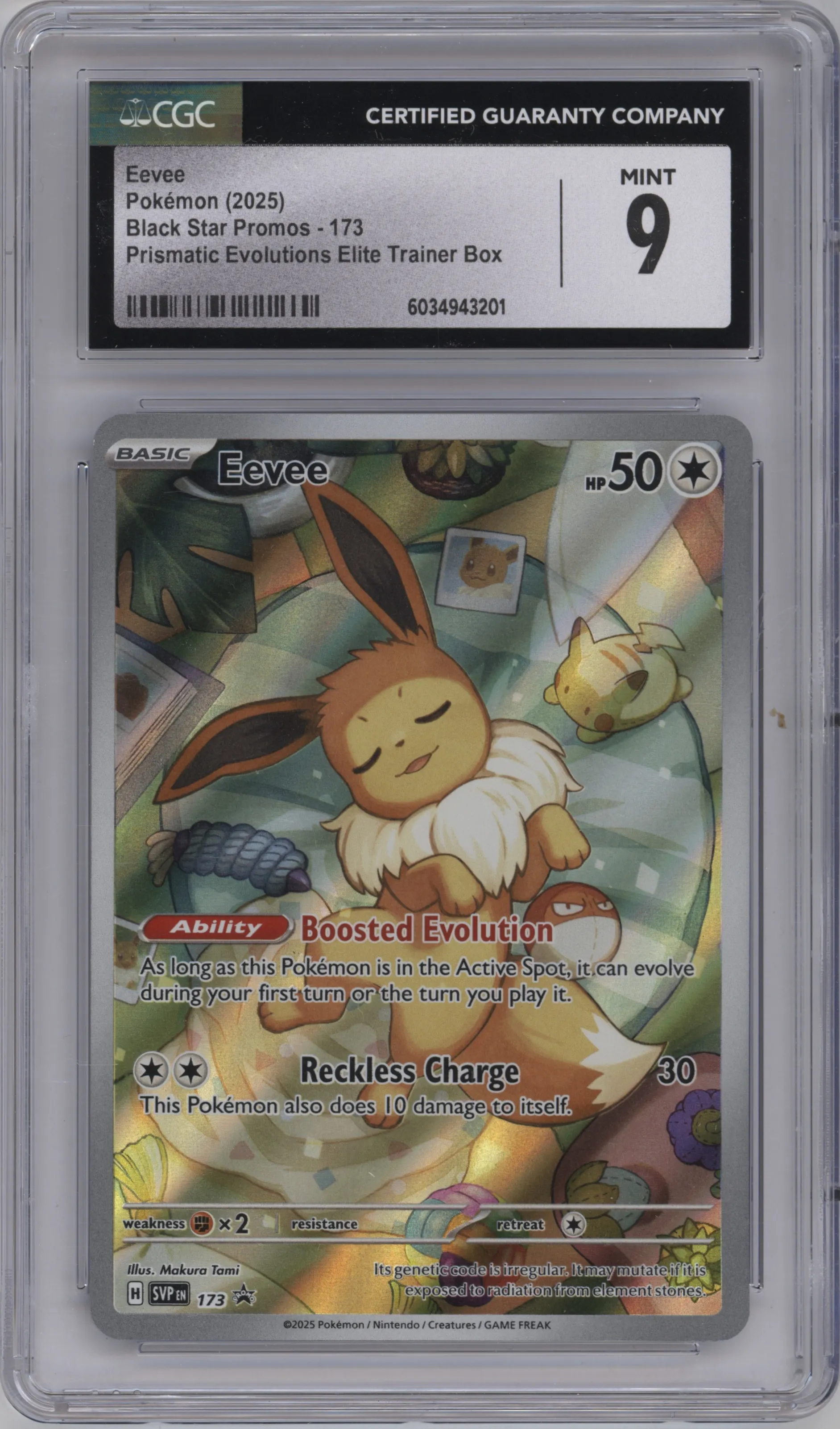 Eevee from the 2025 Pokemon SV set featuring a Prismatic Evolutions Elite Trainer Box parallel graded by CSG and given an overall grade of 9.