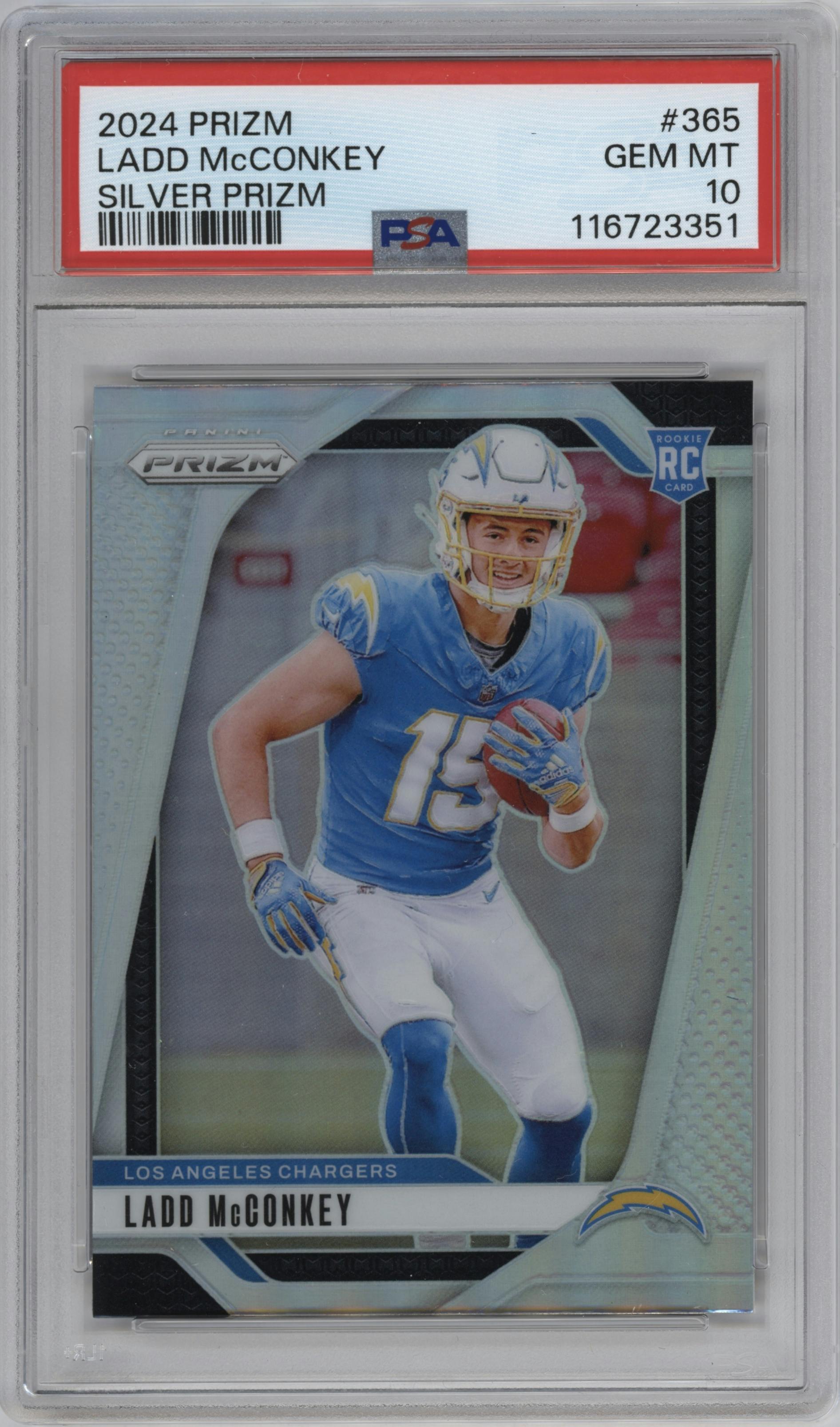 Ladd McConkey from the 2024 Panini Prizm set featuring a Silver Prizm parallel graded by PSA and given an overall grade of 10.