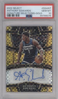 Anthony Edwards  from the 2022-23 Panini Select set featuring a Gold Prizm parallel graded by PSA and given an overall grade of 10.