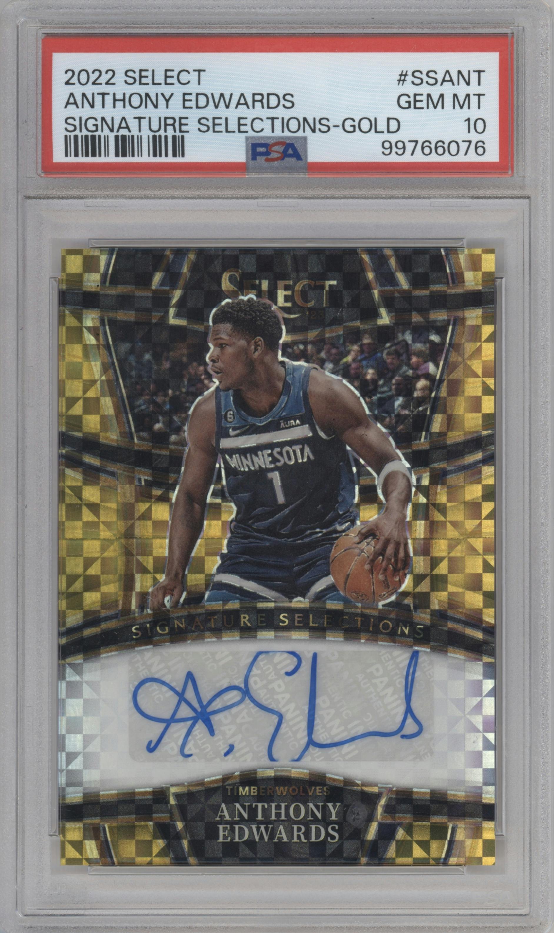 Anthony Edwards  from the 2022-23 Panini Select set featuring a Gold Prizm parallel graded by PSA and given an overall grade of 10.