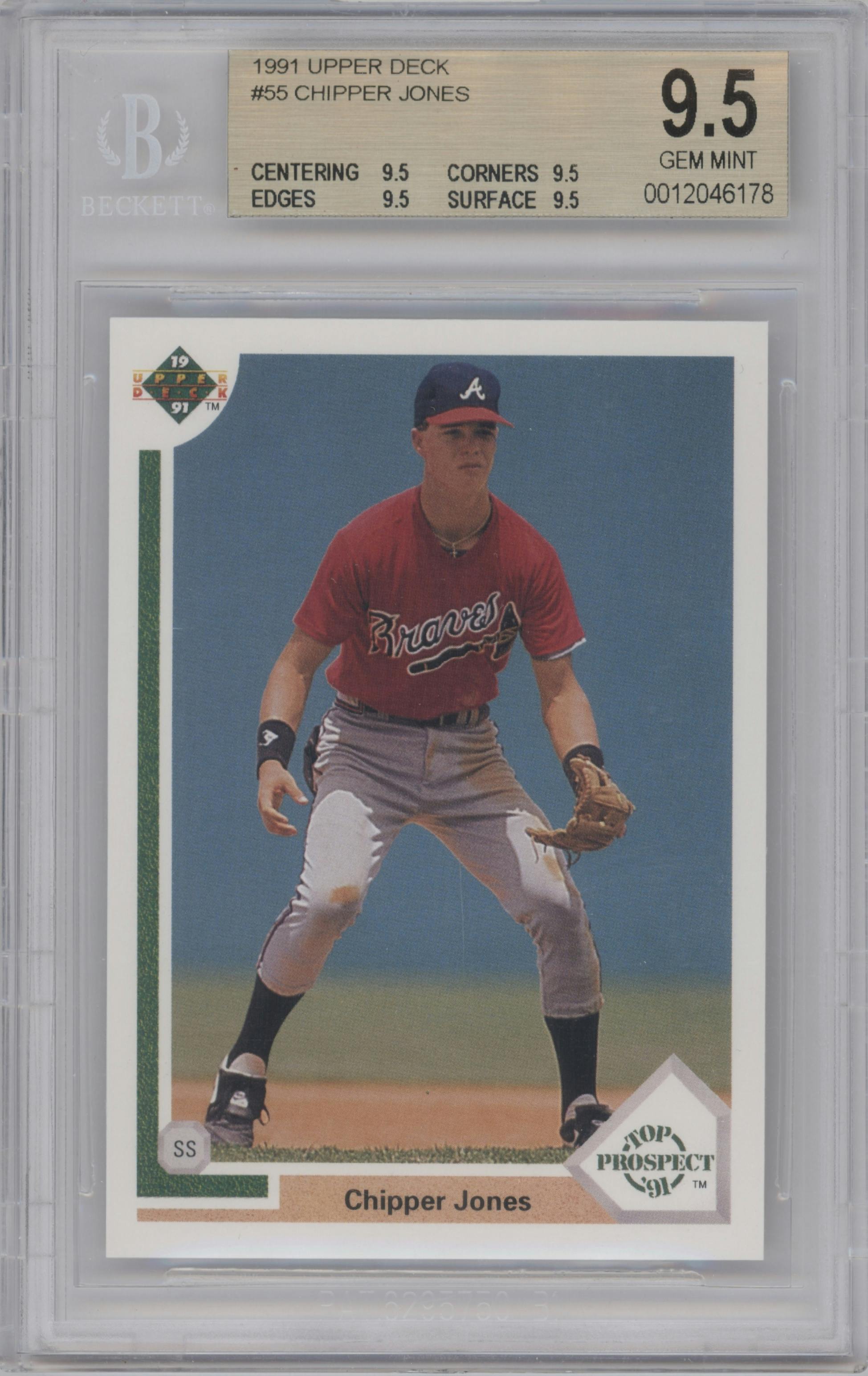 Chipper Jones from the 1991 Upper Deck set graded by Beckett and given an overall grade of 9.5.