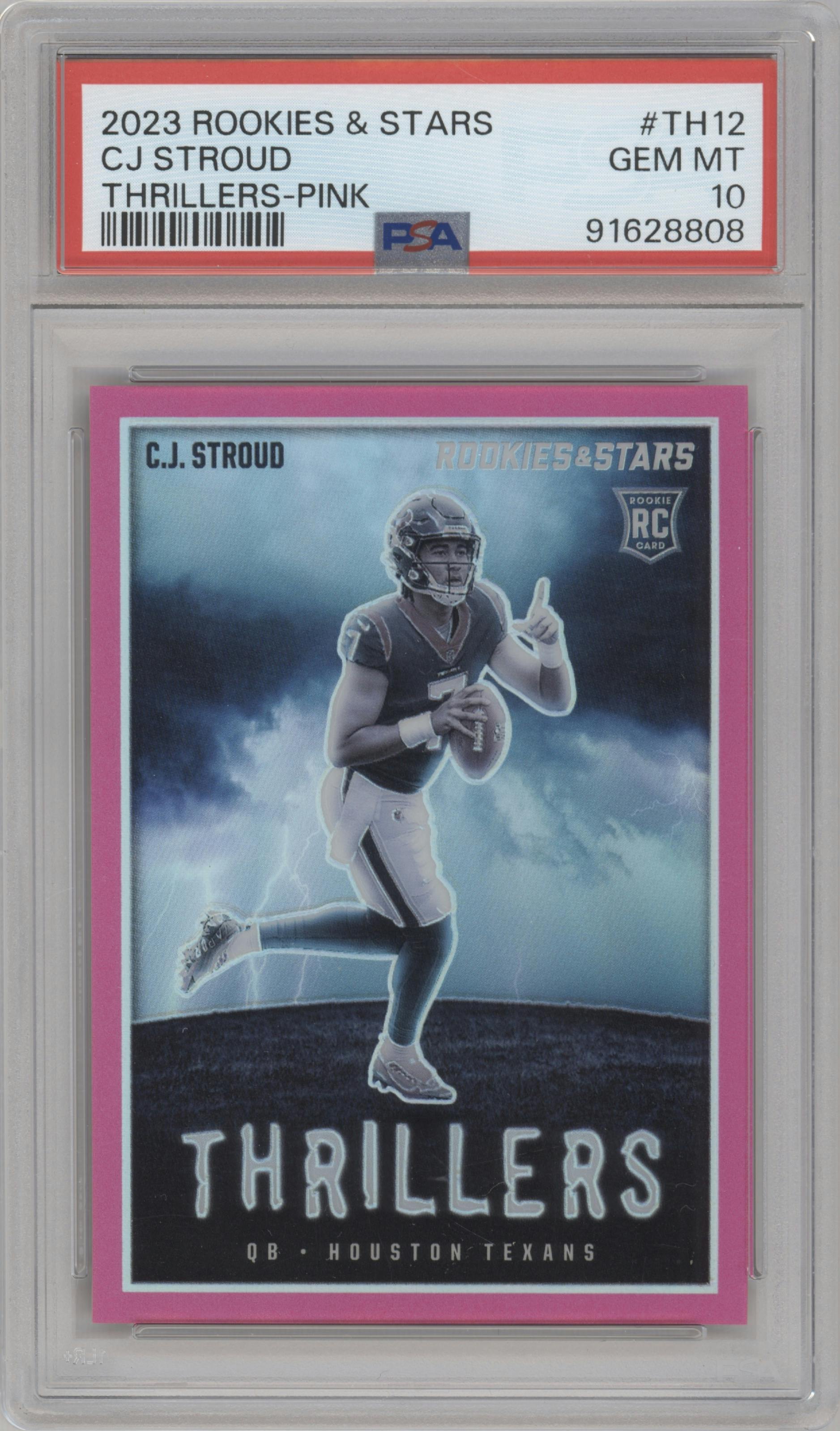 C.J. Stroud from the 2023 Panini Rookies & Stars set featuring a Pink parallel graded by PSA and given an overall grade of 10.