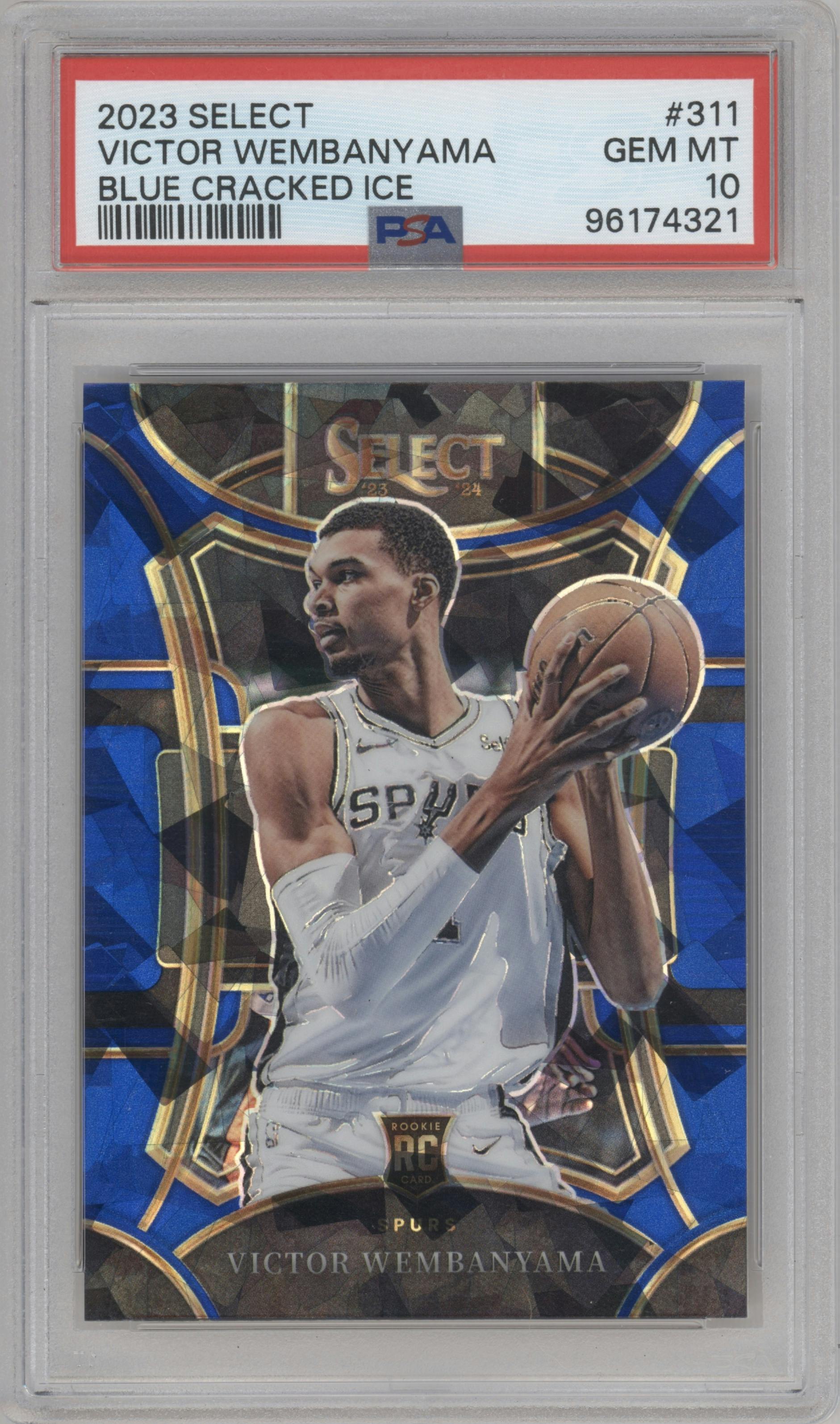 Victor Wembanyama from the 2023-24 Panini Select  set featuring a Blue Cracked Ice parallel graded by PSA and given an overall grade of 10.