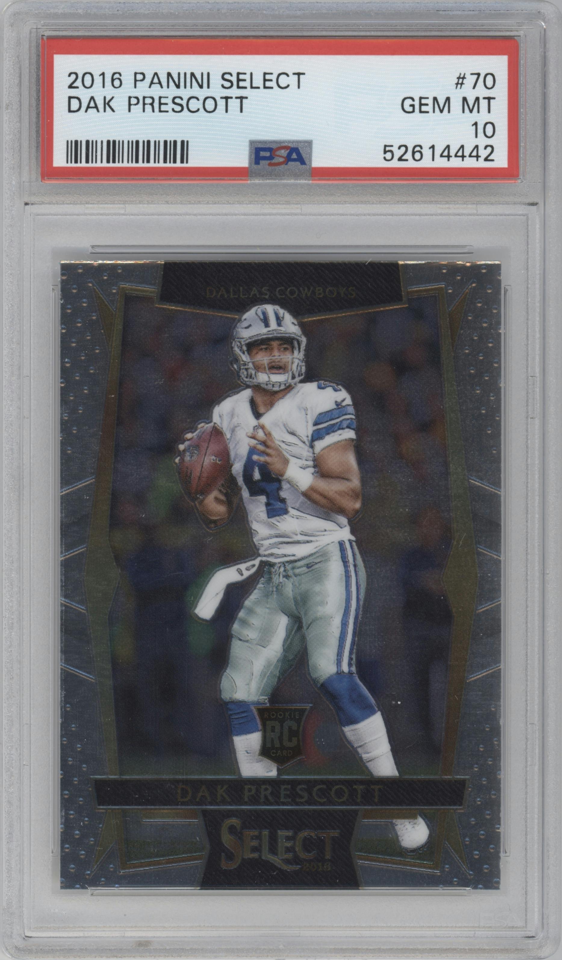 Dak Prescott from the 2016 Panini Select set graded by PSA and given an overall grade of 10.