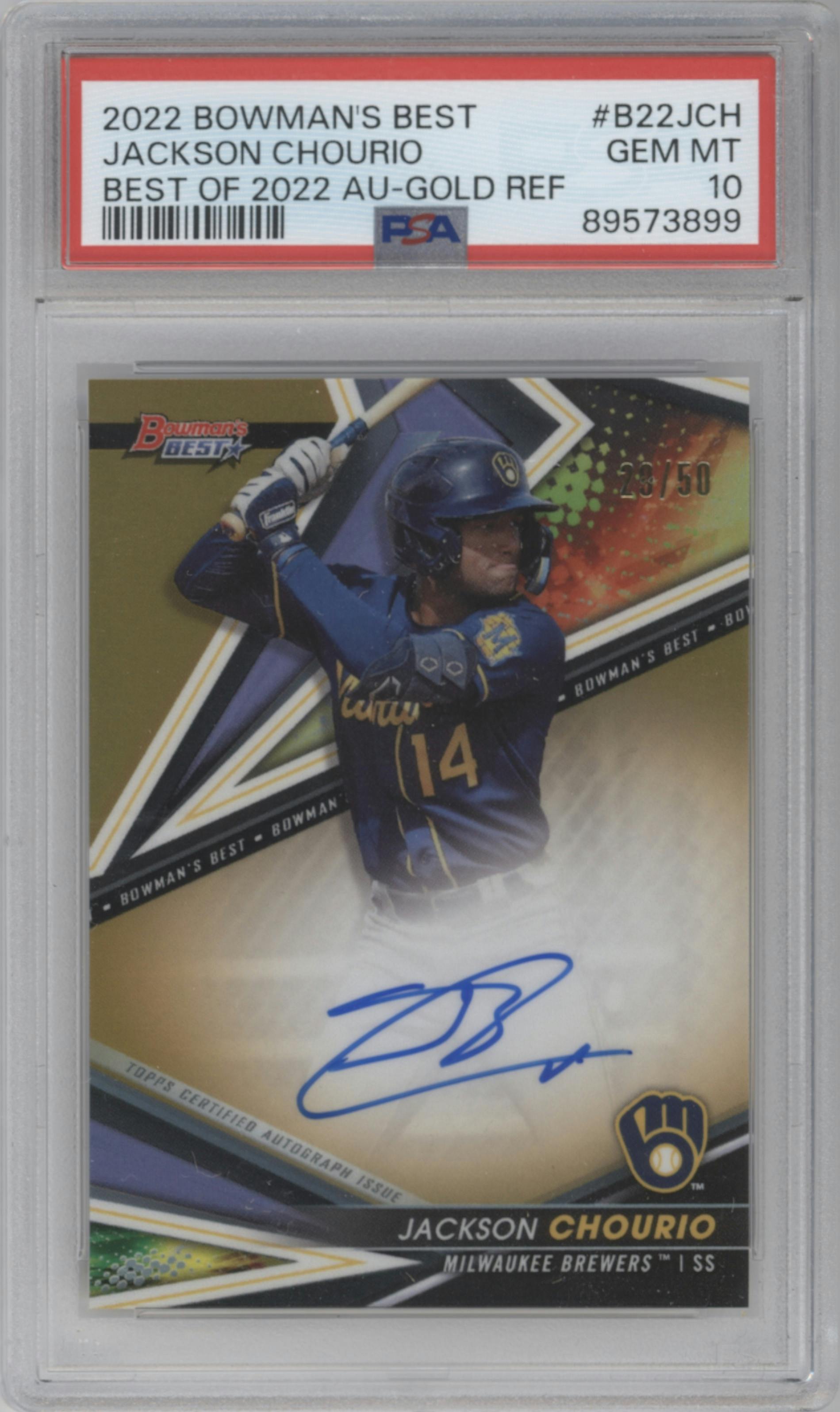Jackson Chourio from the 2022 Bowman’s Best   set featuring a Gold Refractor parallel graded by PSA and given an overall grade of 10.