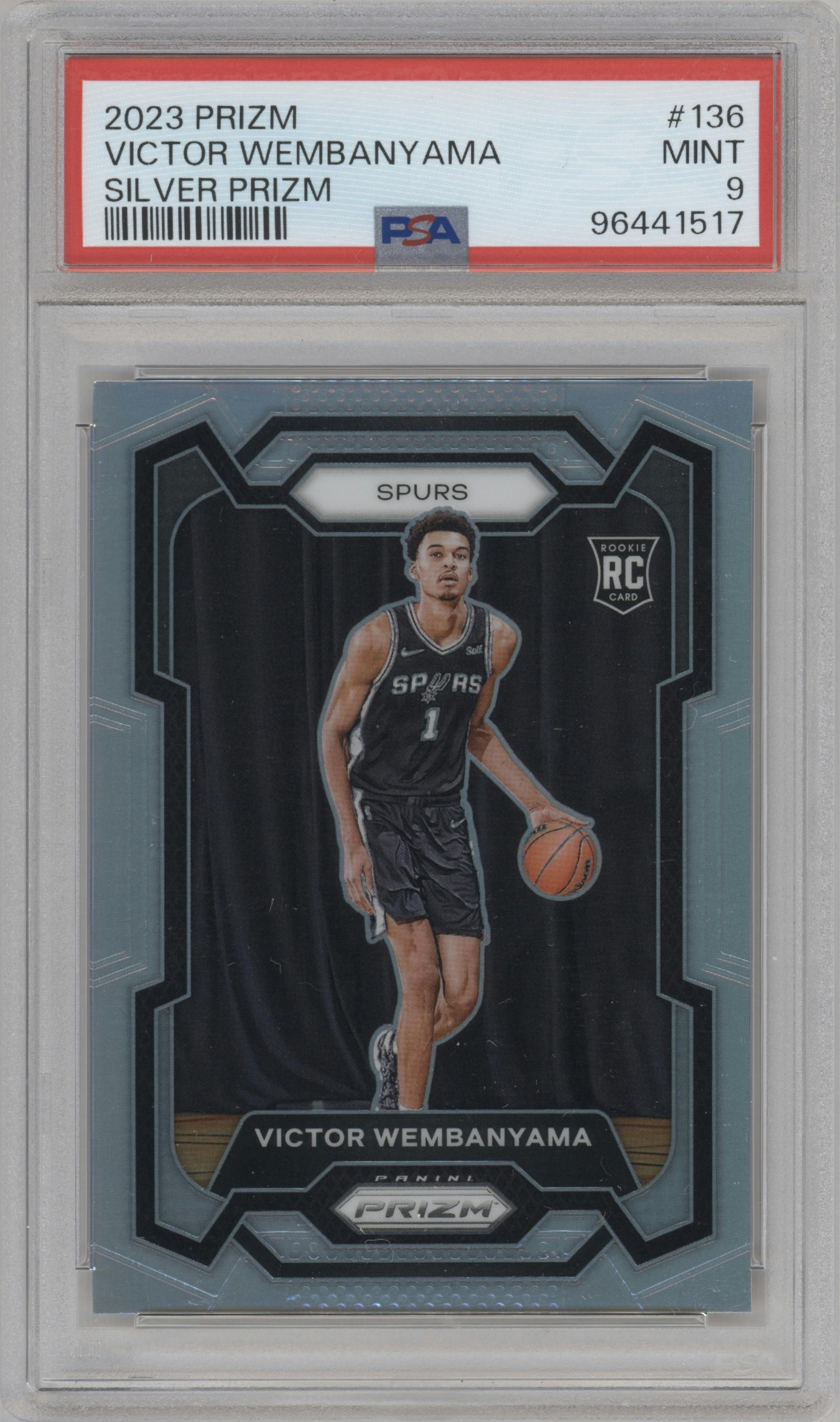 Victor Wembanyama from the 2023-24 Panini Prizm set featuring a Silver Prizm  parallel graded by PSA and given an overall grade of 9.
