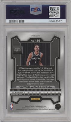 Victor Wembanyama from the 2023-24 Panini Prizm set featuring a Silver Prizm  parallel graded by PSA and given an overall grade of 9.