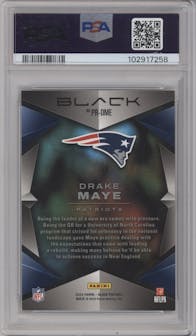 Drake Maye from the 2024 Panini Black set graded by PSA and given an overall grade of 8.