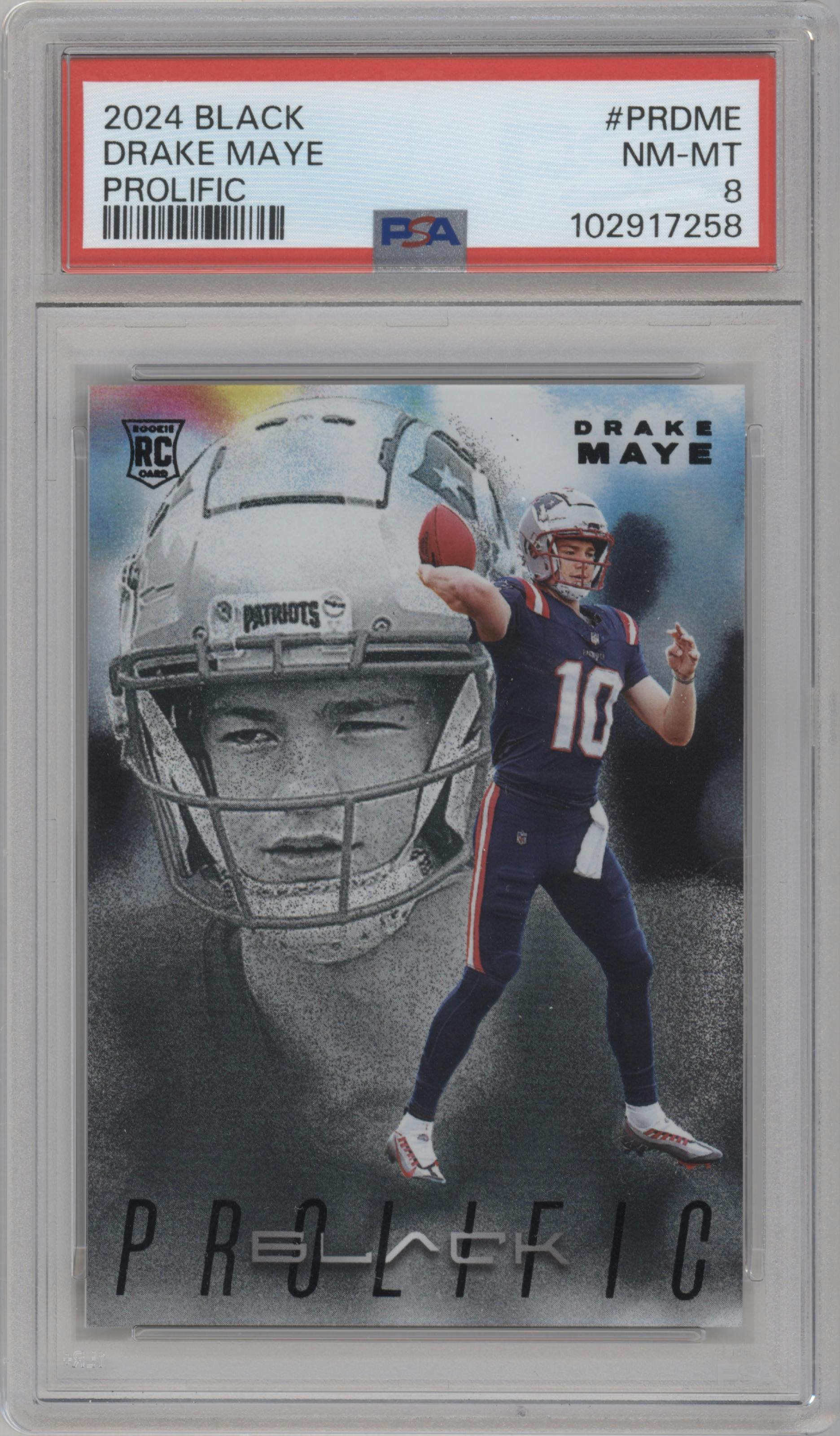 Drake Maye from the 2024 Panini Black set graded by PSA and given an overall grade of 8.
