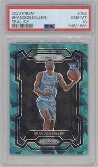 Brandon Miller from the 2023-24 Panini Prizm set featuring a Teal Ice parallel graded by PSA and given an overall grade of 10.