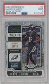 DeVonta Smith  from the 2023 Panini Contenders set featuring a Week 18 Ticket parallel graded by PSA and given an overall grade of 9.