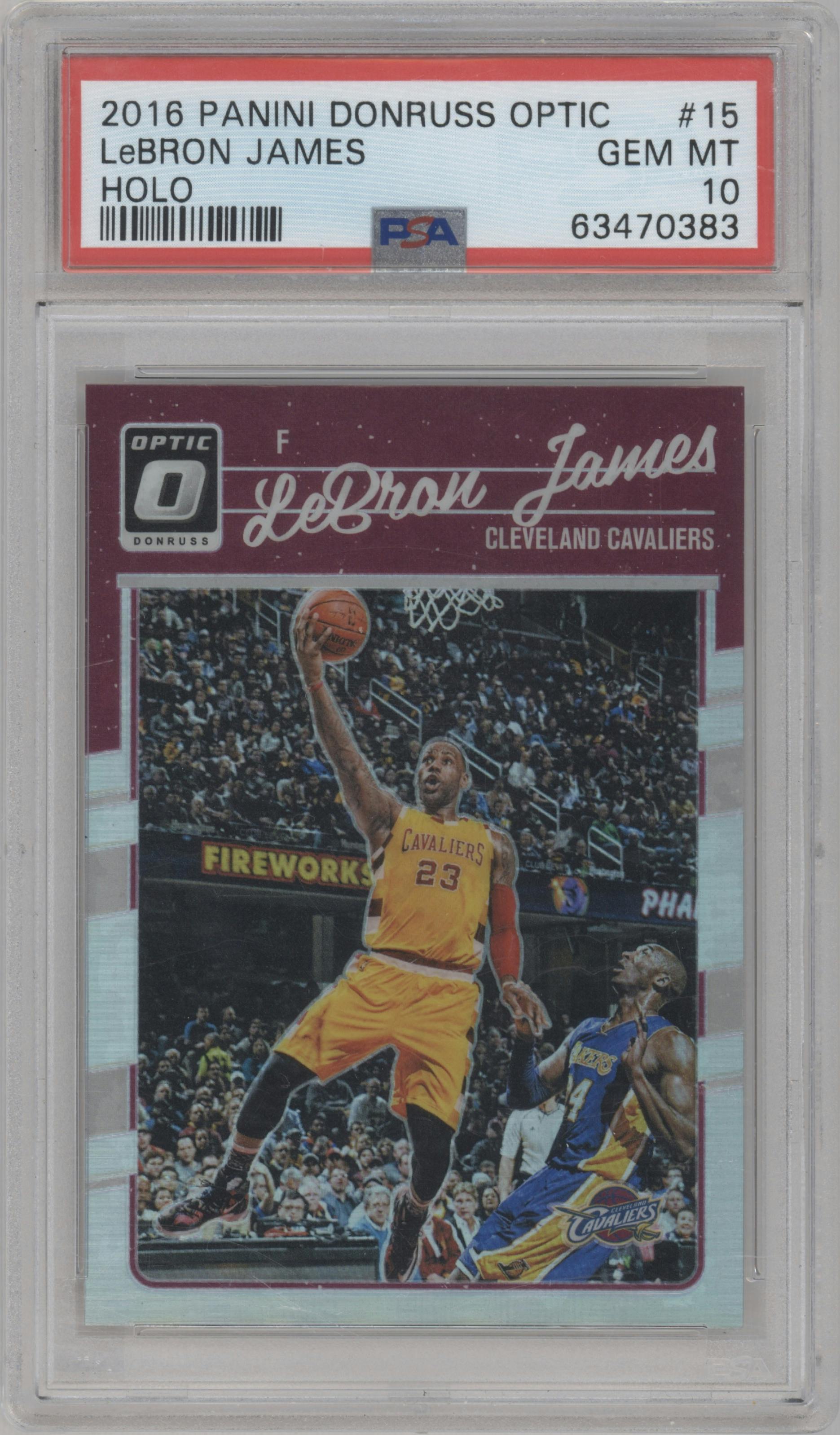 LeBron James from the 2016-17 Panini Donruss Optic set featuring a Holo parallel graded by PSA and given an overall grade of 10.