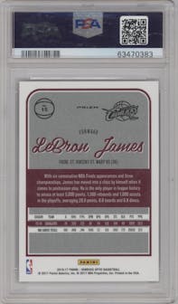 LeBron James from the 2016-17 Panini Donruss Optic set featuring a Holo parallel graded by PSA and given an overall grade of 10.