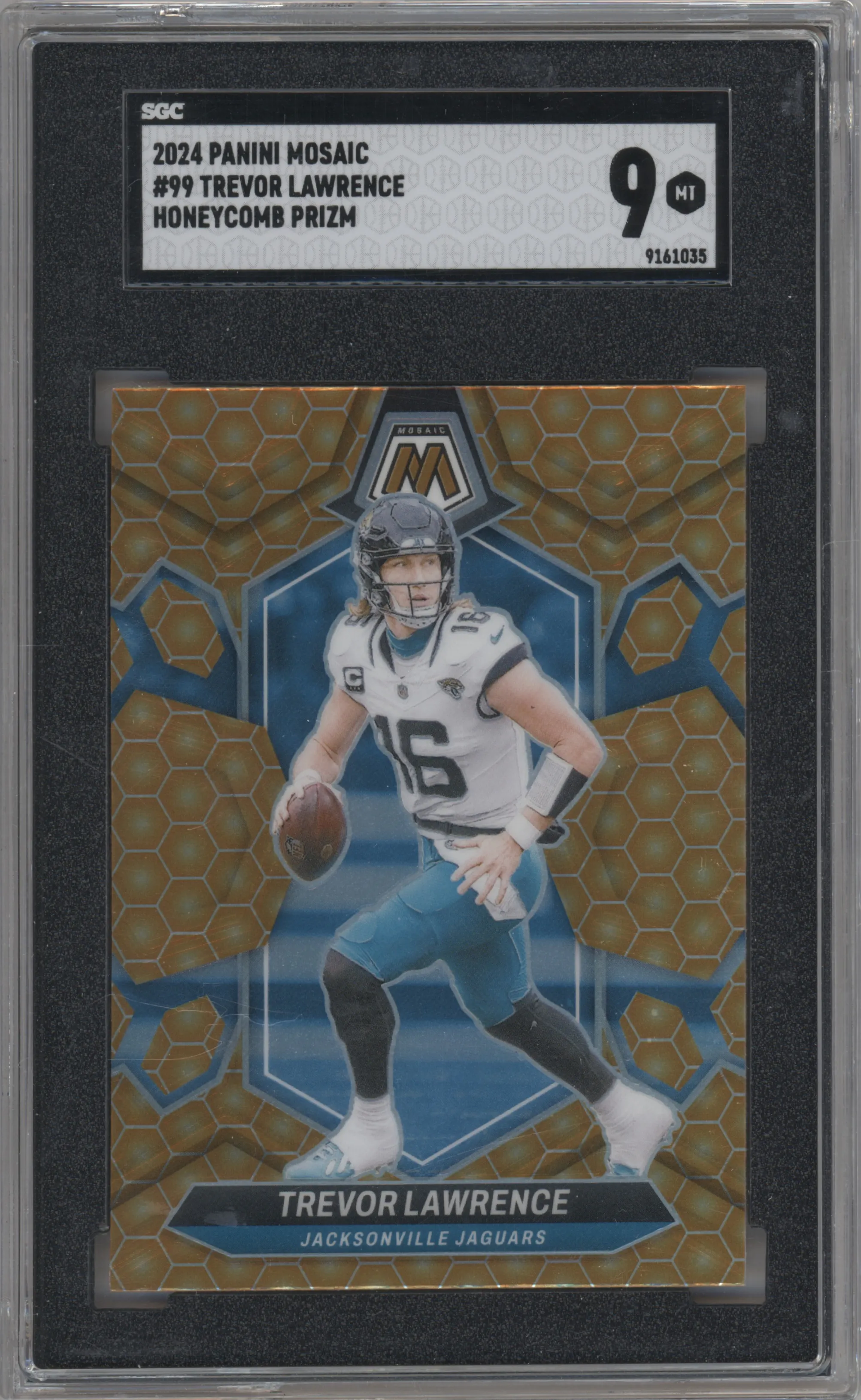 Trevor Lawrence from the 2024 Panini Mosaic set featuring a Honeycomb parallel graded by SGC and given an overall grade of 9.