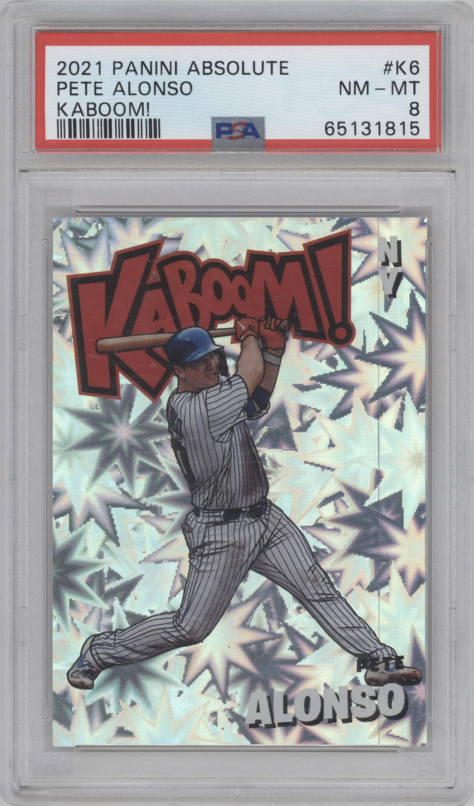 Pete Alonso from the 2021 Panini Absolute set graded by PSA and given an overall grade of 8.